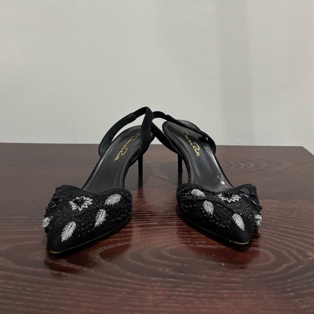 Oscar De La Renta Embroidered Slingback Kitten Heels 37.5